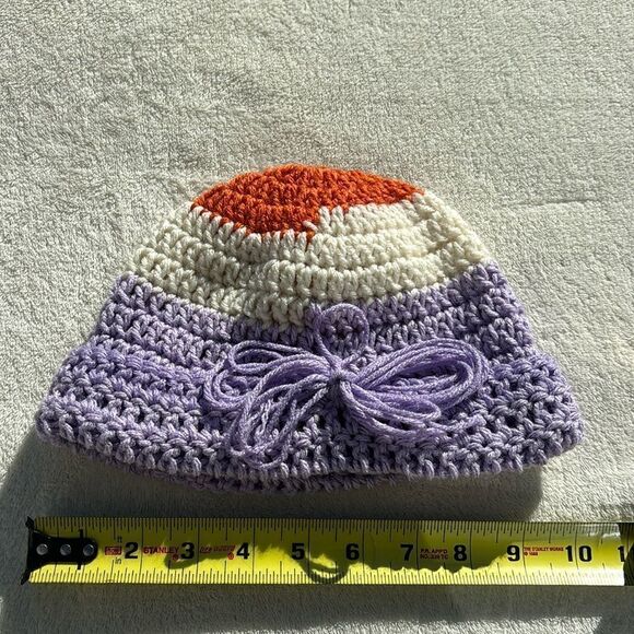 New Handmade crochet purple cream,‎ and orange, cuffed stretchy beanie hat - Picture 7 of 7